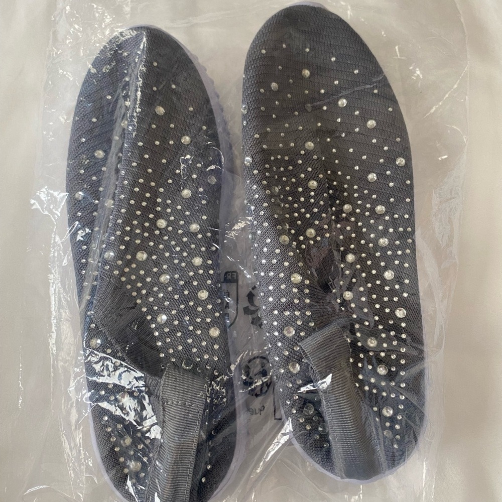 Pearl-Studded Knit Slip-On Sneakers - Charcoal Gray